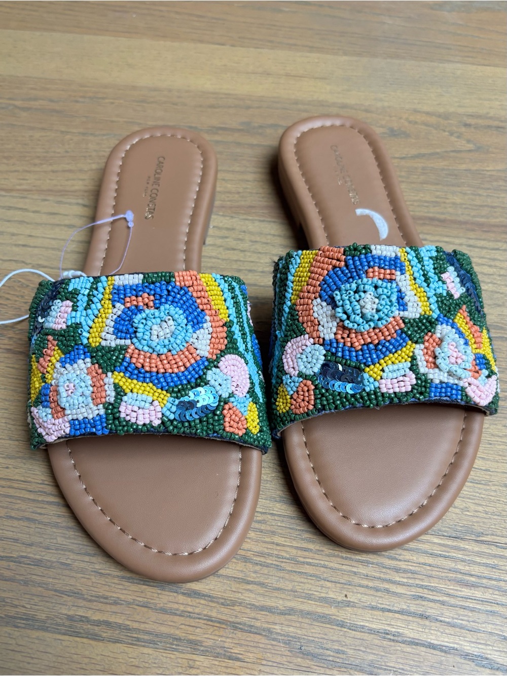 Caroline Constas 7.5 Multicolor Beaded Floral Slide Sandals NEW Boho Resort Part